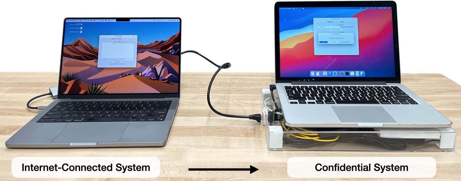 An internet-connected laptop connected to an air-gapped laptop through a data diode. The data diode is contained in an enclosure under the air-gapped laptop.